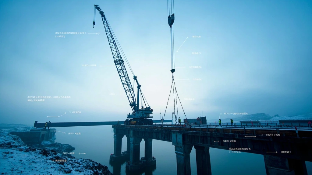 Crawler crane lifting steel girder at a winter bridge site in Hokkaido